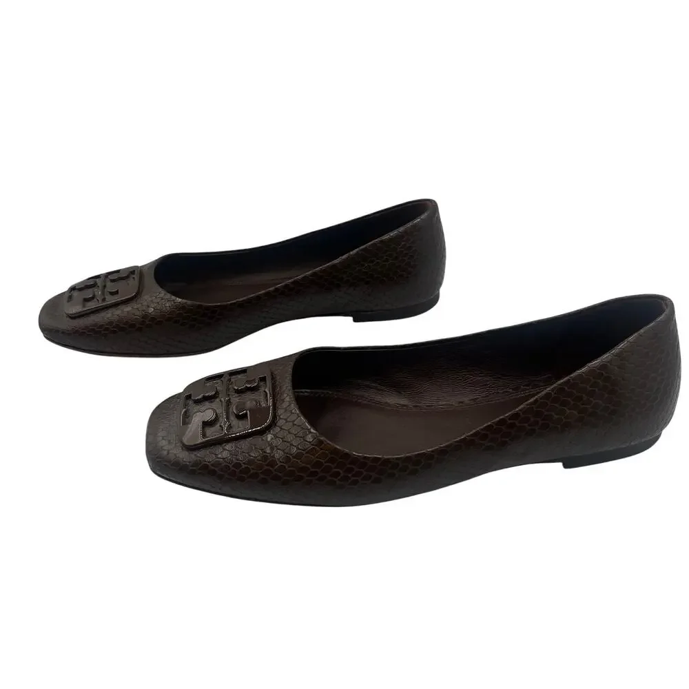 Tory Burch Ballet Flats Shoes Georgia Snakeskin Slip On Chocolate Brown Sz 6.5M